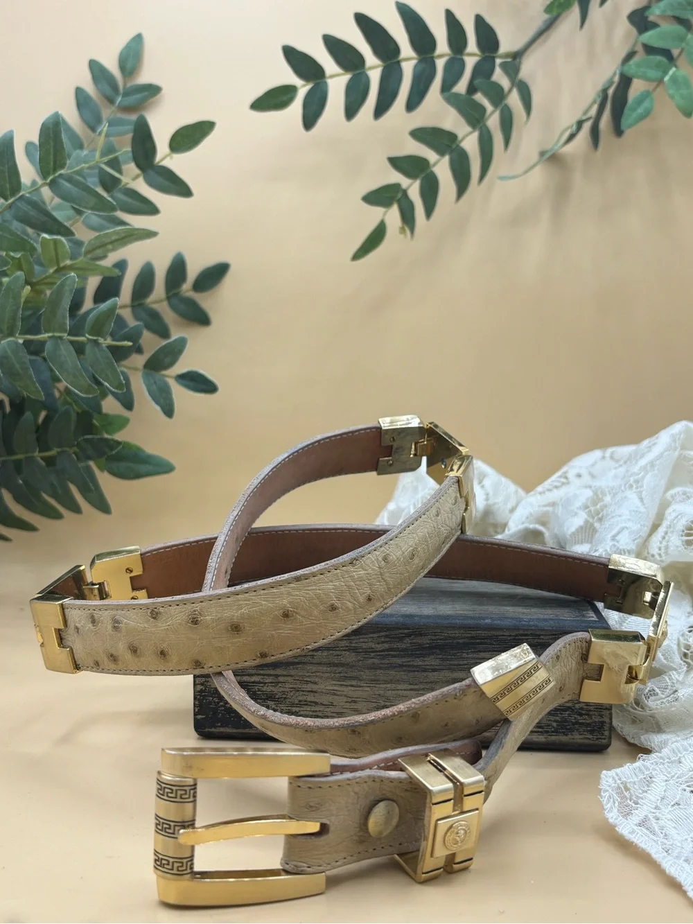Genuine Beige Ostrich Leather Belt with Gold Hardwares